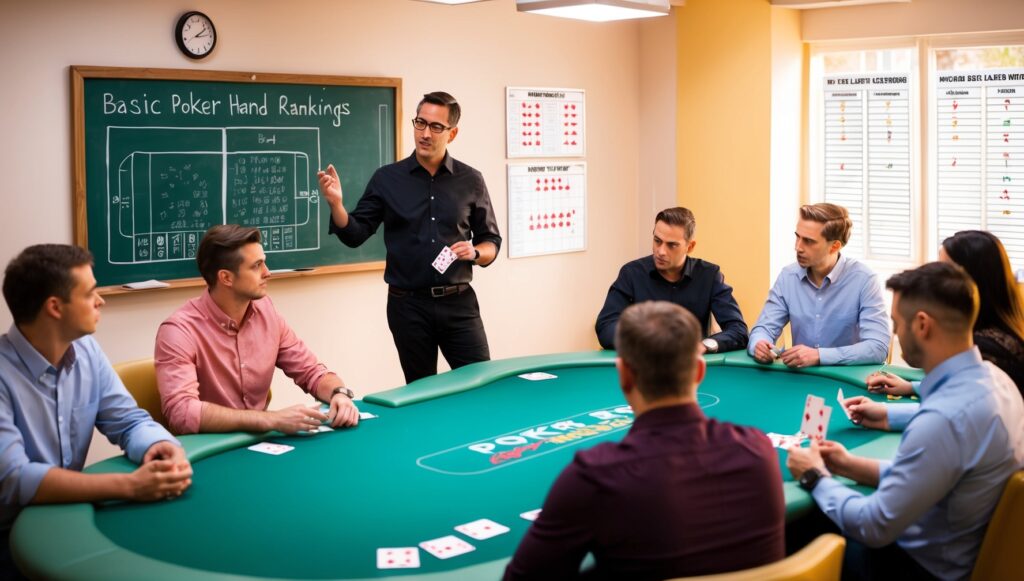 A poker classroom scene where a teacher stands by a chalkboard, explaining basic poker hand rankings to a group of beginner players sitting around a poker table